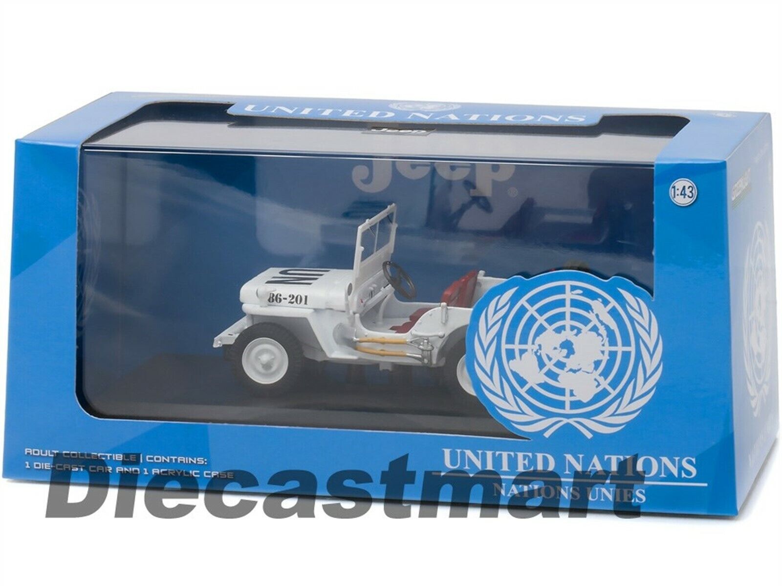 1944 JEEP WILLYS UNITED NATIONS UN WHITE 1:43 DIECAST MODEL BY GREENLIGHT  86308
