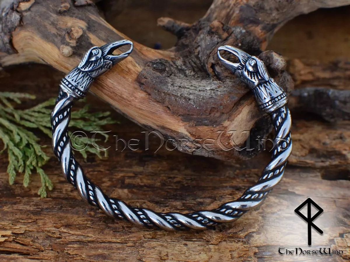 Viking Bracelet Odin s Raven Head Silver Torc Steel Arm Ring