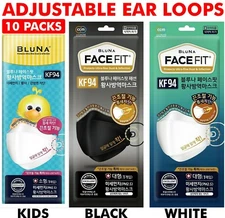 Pack of 10 BLUNA Adjustable KF94 Korean Face Mask Made in Korea Adults & Kids