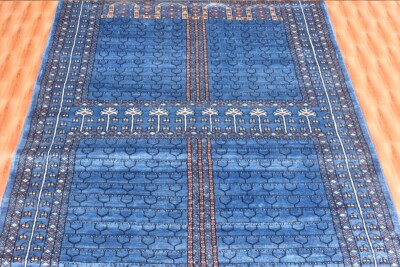 4x6 ft rug Blue Color Oriental Decor Living Room Rug Striped Design Hand-Knotted