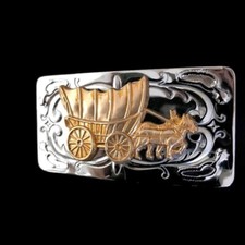 Belt Buckle Vintage Covered Wagon Western Pioneer Chambers Horses Small