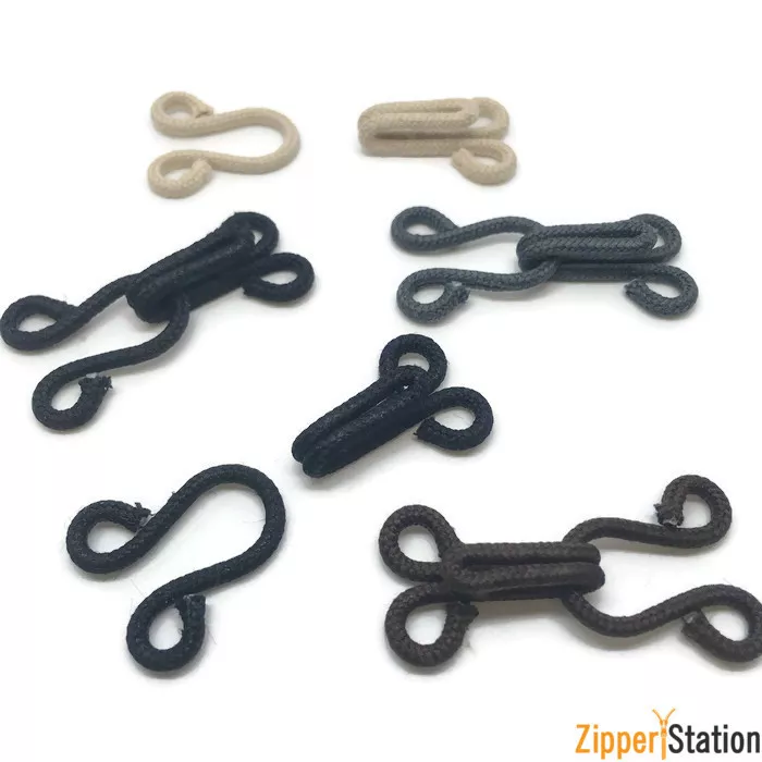 Fur Hooks and Eyes Fasteners - Cotton Covered in 5 Colours, Black