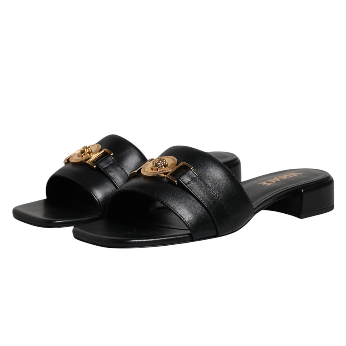 VERSACE Shoes Black Leather Logo Plaque Slip On Slides Flats