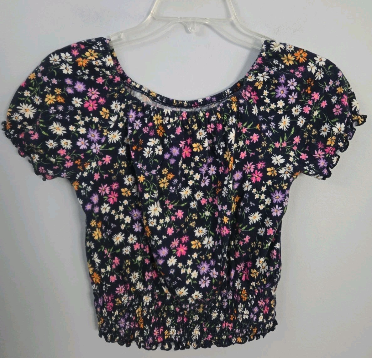 Old Navy Girls Floral Smocked Crop Top Blouse Large 10-12 Navy Multicolor...