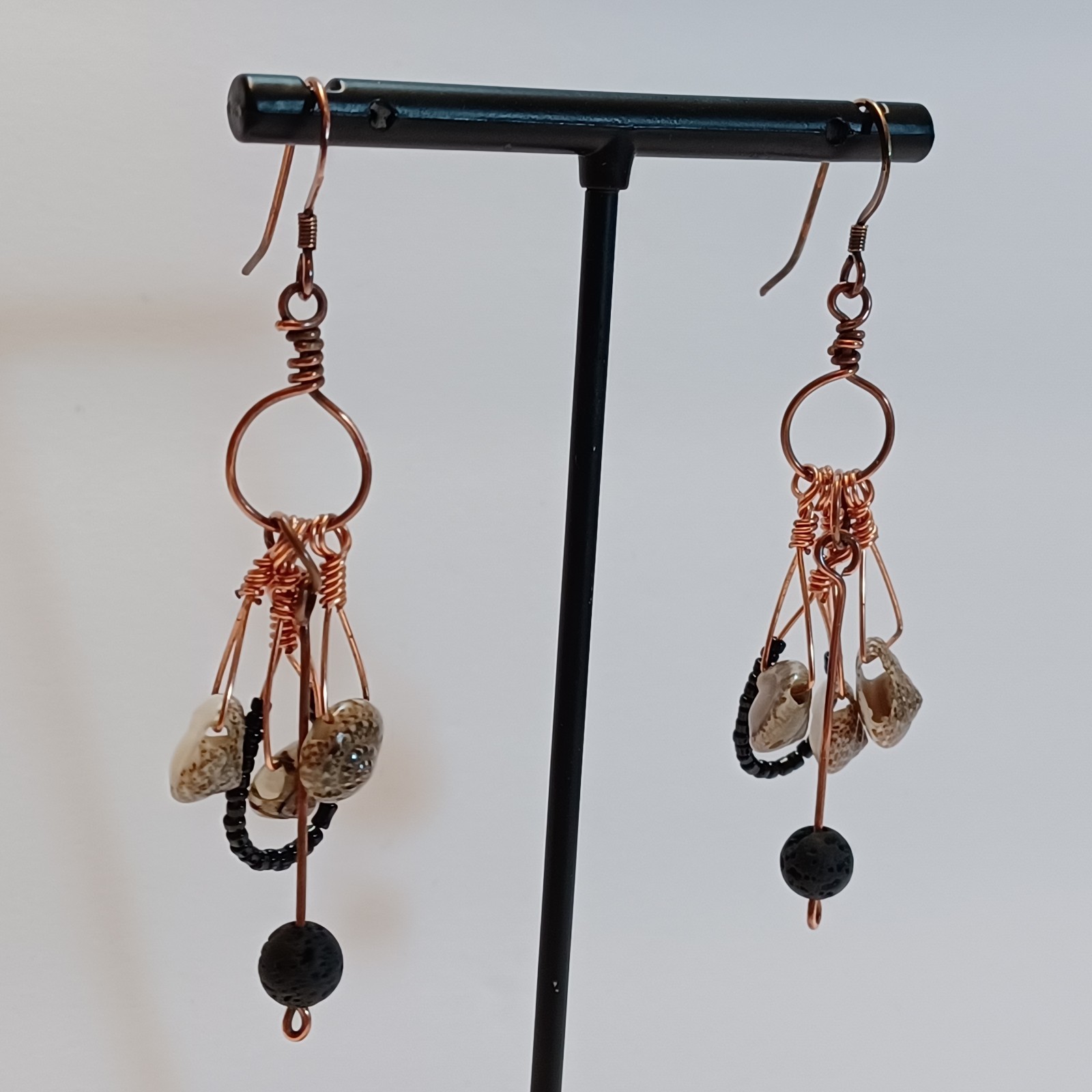 Shell Lava Stone Handmade Beaded Dangle Drop Earr… - image 4
