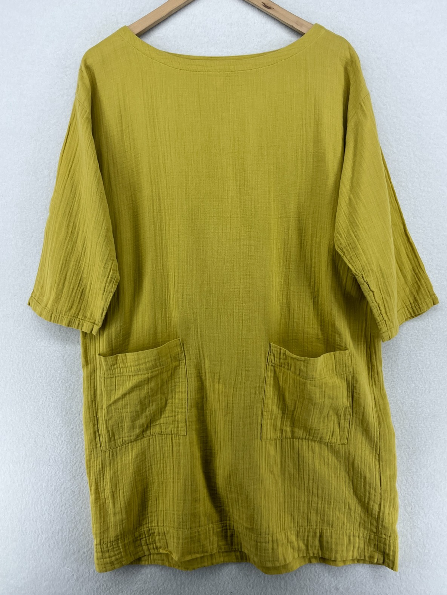 EILEEN FISHER Dress M Organic Cotton Crinkle Gauze Shift 3/4 Sleeve Yellow  | eBay