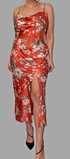 Women's Orange Floral Satin Slip Maxi Dress Size L, Cowl Neck, Side Slit