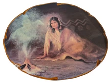 Large Vtg Native American Indian Woman Seeing Smoke Vision Thin Wood Slice 20x16