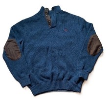 CHAPS Men's Large Blue 1/4 Button Knit Sweater Suede Elbow Patches Cotton