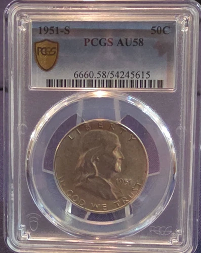 1951-S 50C PCGS Gold Shield AU58- Franklin Half Dollar Graded 01/2026  Fresh!