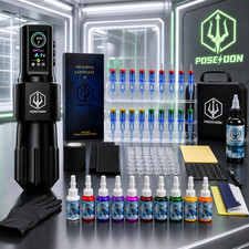 POSEIDON Wireless Tattoo Pen Kit Digital Display 20 Cartridges 10 Color Inks