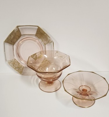 Vintage PINK DEPRESSION GLASS, 3 PC SET PLATE AND 2 BOWLS. GOLD LINED
