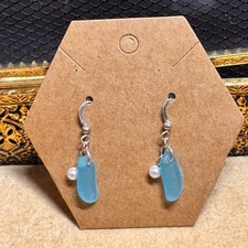 VTG Sea Glass Pearl Dangle Earrings Ocean Blue Handmade Sterling Silver Hooks
