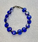 VTG 925 Sterling Silver & COBALT Blue Iridescent Glass Disc Beaded 7” Bracelet