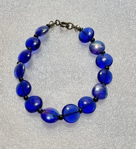 VTG 925 Sterling Silver & COBALT Blue Iridescent Glass Disc Beaded 7” Bracelet
