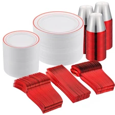 300 PCS Red Dinnerware Set for 50 Guests,Red Rimmed Heavy Duty Plastic Dispos...