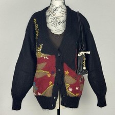 Vintage 80s Wool Cardigan floral nature pattern handknit