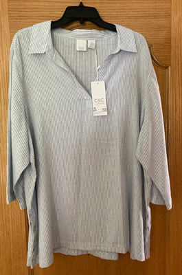 NWT C&C California Linen Blend 3/4 Sleeve Striped Womens Top 2X White Baby Blue