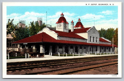#ad Bismarck ND North Dakota NP Northern Pacific RR Train Depot UNPTD 1920s Postcard $5.97