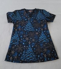 Elite Med Performance Christmas Print Navy Blue Scrub Top Size M 2 