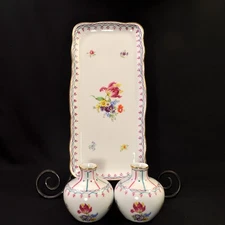 KPM Vanity Tray & 2 Vases Silesia Krister 1844-1847 Hand Painted Floral w/Gold