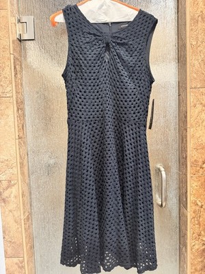 Sharagano A-Line Dress Size 6 Deep Navy Lace Cutout Geometric Sleeveless