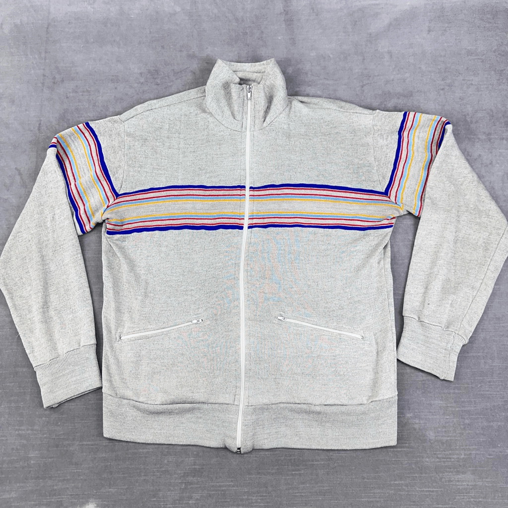 VTG 70s Track Jacket Mens Large Grey Retro Stripe Full Zip Knit