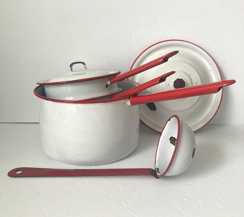 VINTAGE 6 PC. SET: WHITE & RED ENAMELWARE DOUBLE BOILER, LG SAUCEPAN/LID, LADLE - 第 2/19 張圖片