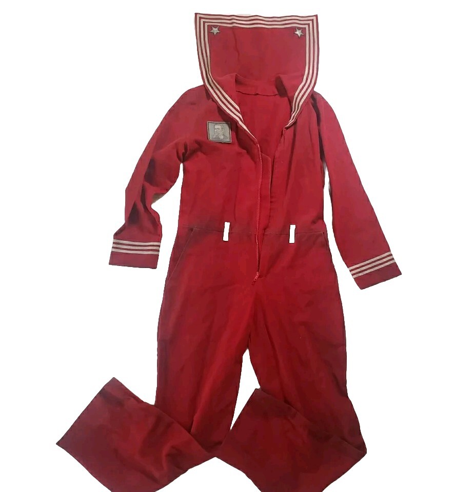 Sailor Jumpsuit Adult Red Distressed Soft Denim Straight Leg Sz M + Belt & Scarf-image