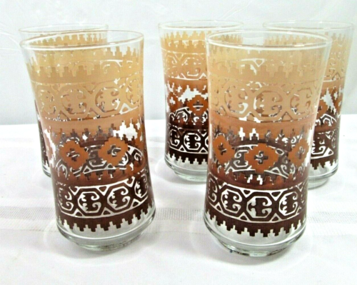 Libbey Glasses MCM Southwestern Earth Tones Geometrical Tumblers 12 oz Lot of 5 - Picture 1 of 10