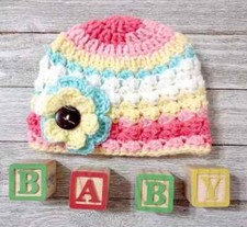 handmade crochet baby flower hat girls preemie newborn tutti frutti pink