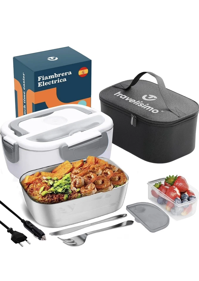 TRAVELISIMO Fiambrera Tartera Eléctrica Con Doble Enchufe. 12v Y 220v.