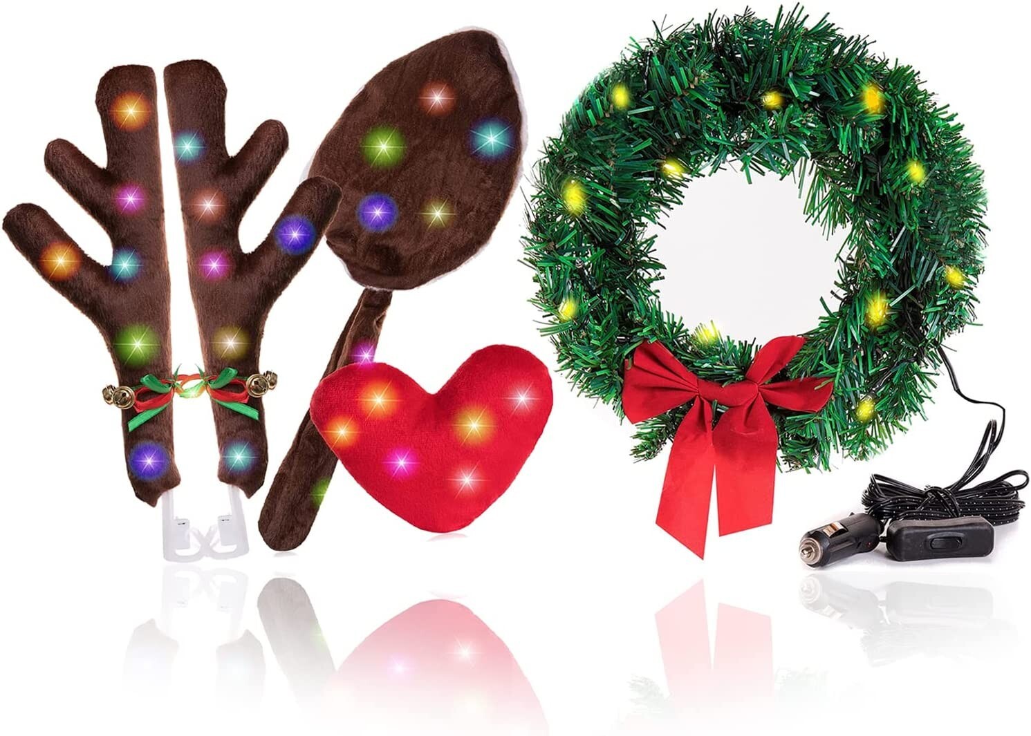 Christmas Car Reindeer Antlers Set and Car Wreath With LED Lights 12V