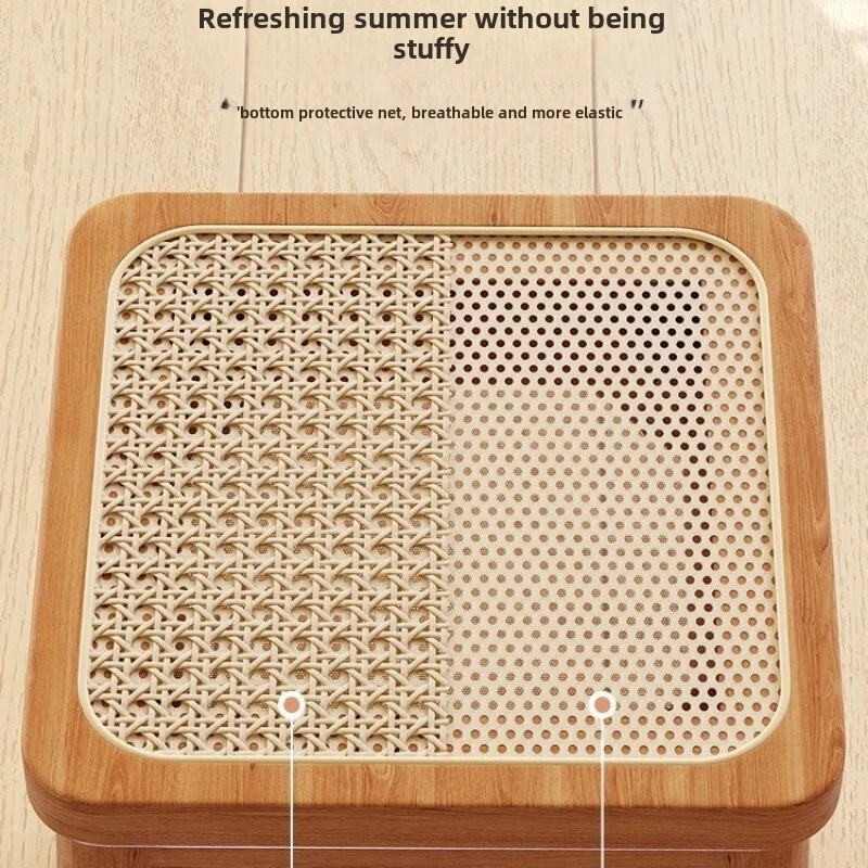 Solid wood rattan stool for household use, stackable, antique dining table stool - Image 3 of 4