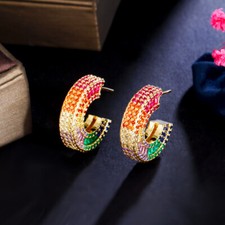 Cute CZ Yellow Gold Plated Multicolor Women Half Round Hoop Earring Boho Jewelry