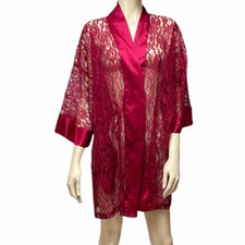 Victorias Secret Robe Red Lace Satin Kimono Gold Label Pockets OS Vintage