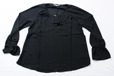 Three Eighty Two Women's Ruffle Detail Long Sleeve Blouse NC3 Black Medium NWT