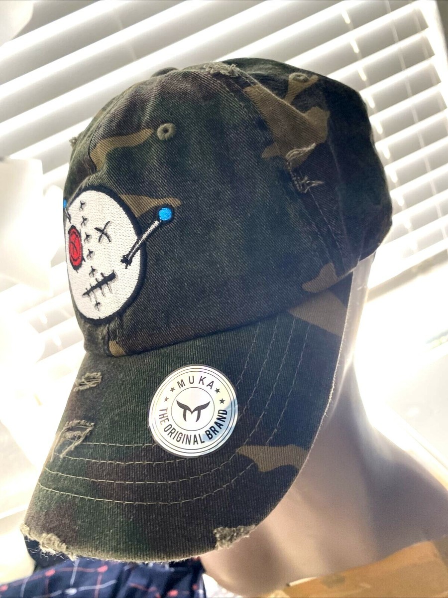Muka Cap Camo W/Pin Face Stitched Emoji Adjustable. Distressed