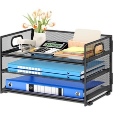 3 Tier Paper Letter Tray Organizer for Desk, Black Metal Mesh Desk File Folde...