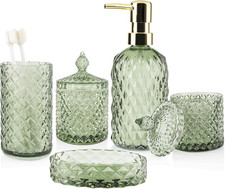 5Pcs Glass Bathroom Accessories Set,Green Vintage Bathroom Accessory Set