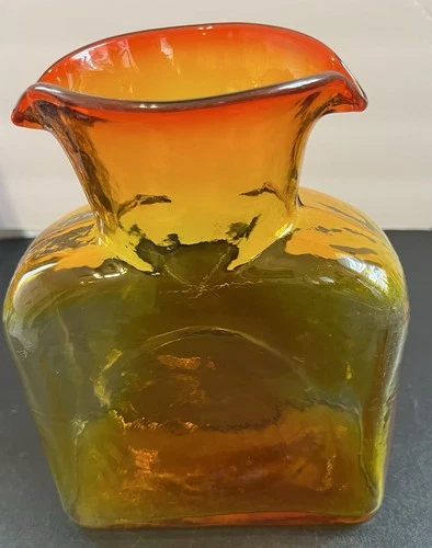 VTG. Blenko Art Glass Water Bottle Amberina Double Spout - 8" Tall