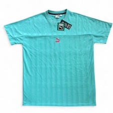 Camiseta de fútbol Puma azul neón turquesa a rayas con logo rosa. Nuevo con etiquetas Talla: XL