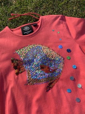 MICHAEL SIMON Event Pink Sequined Fish Pullover Top Neckline Pulls XL Altered