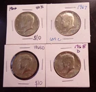 Lot of 4 40% Silver Kennedy Half Dollars 1966P, 1967P, 1968D, 1968D AU condition