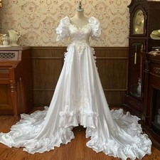 Princess Satin Pink Rose Puff Short Sleeve Beading Pearls Ruffles Wedding Dress