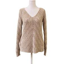 Ann Taylor LOFT Beige Crochet Knit V-Neck Long Sleeve Sweater Size Small