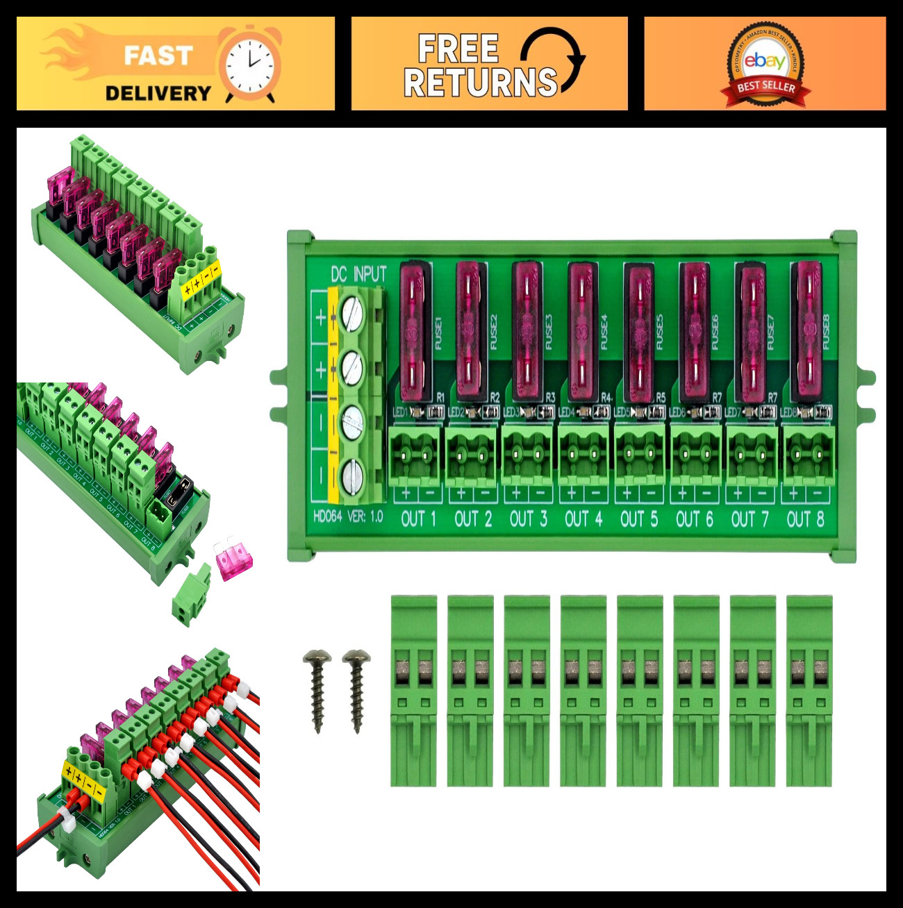 8 Channel Screw Mount Terminal Block Power Distribution Fuse Module DC 5-32V