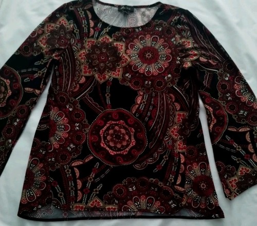 EUC WOMEN MELISSA PAIGE BLACK W/PRINT TUNIC SPLIT FLARE SLEEVE STRETCHY BLOUSE M
