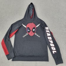 Marvel Deadpool Hoodie Mens Small Charcoal Gray Graphic Pullover Pockets