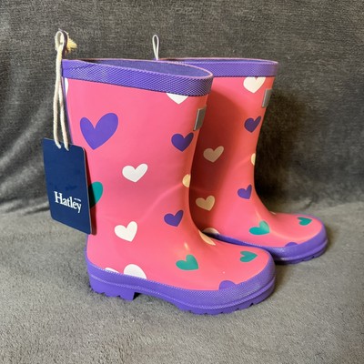 HATLEY NWT Girls Teal White Purple Sweethearts Pink Purple Rain Boots Size 12